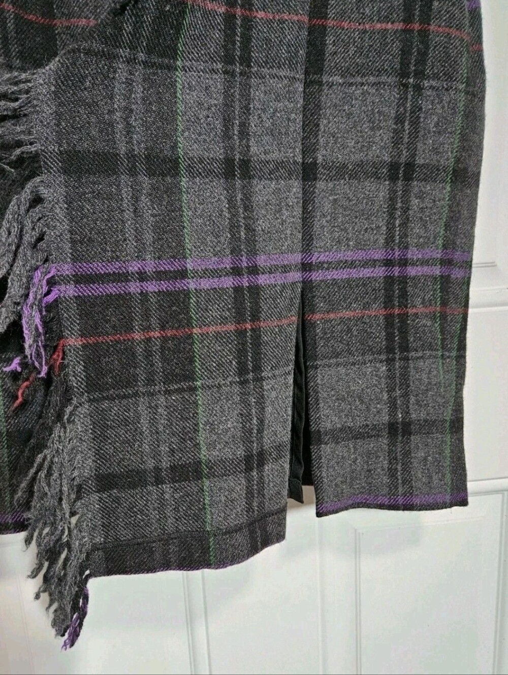 Y2K Ralph Lauren Plaid Wool Blanket Mini Fringed Skirt Size 8 Purple Gray Black - Picture 3 of 6